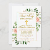 Aquarell Rosa Blumengrün Foto Kommunion Einladung (Rückseite)