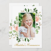 Aquarell Rosa Blumengrün Foto Kommunion Einladung (Vorne/Hinten)