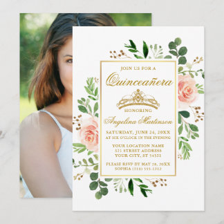 Aquarell Rosa Blumengrün Foto Quinceanera Einladung