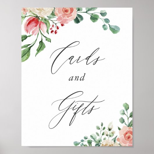 Aquarell Rosa Blumenkarten und Geschenkschild Poster (Vorne)