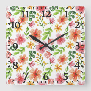 Aquarell-Rosa-Blumenmuster-69677 Quadratische Wanduhr