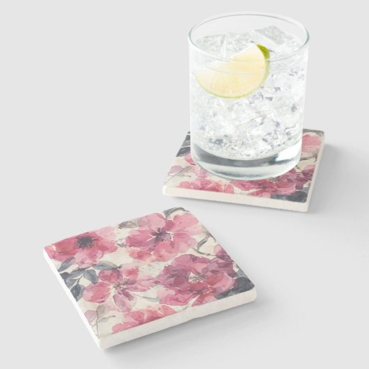 Aquarell-Rosa-Blumenmuster-kühne-Botanik Steinuntersetzer (Seitenansicht)