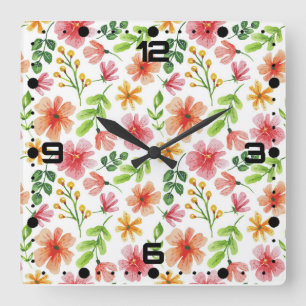 Aquarell-Rosa-Blumenmuster Quadratische Wanduhr
