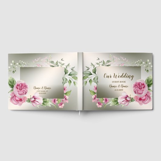 Aquarell Rosa Blumenrahmen Shiny Bronze Party Gästebuch (Voll)