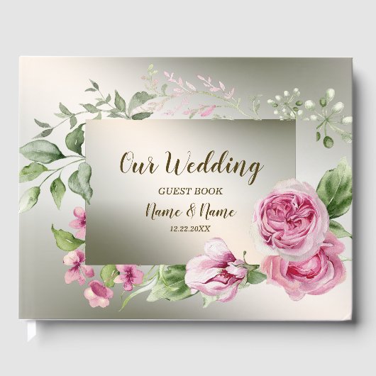 Aquarell Rosa Blumenrahmen Shiny Bronze Party Gästebuch (Vorderseite)