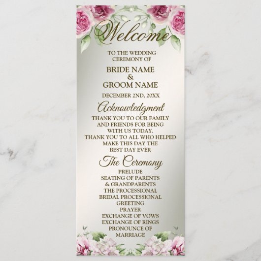 Aquarell Rosa Blumenrahmen Shiny Bronze Party Programm (Vorderseite)