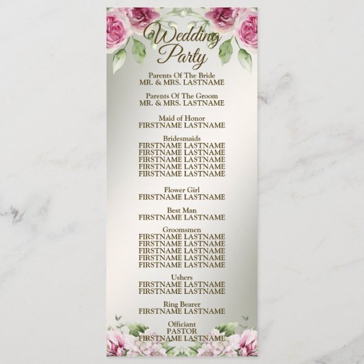 Aquarell Rosa Blumenrahmen Shiny Bronze Party Programm (Rückseite)