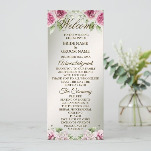 Aquarell Rosa Blumenrahmen Shiny Bronze Party Programm (Stehend Vorderseite)