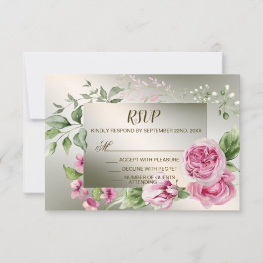 Aquarell Rosa Blumenrahmen Shiny Bronze Party RSVP Karte (Vorderseite)