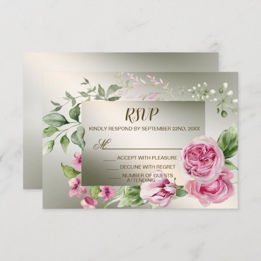 Aquarell Rosa Blumenrahmen Shiny Bronze Party RSVP Karte (Vorne/Hinten)