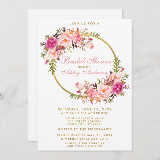 Aquarell Rosa Blumenreath Gold Brautparty P Einladung (Vorne/Hinten)