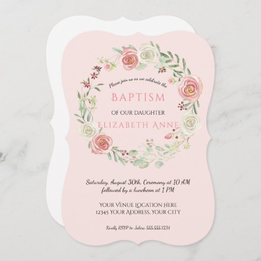Aquarell Rosa Blumenreath Taufe Baby Girl Einladung (Vorne/Hinten)