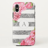 Aquarell-rosa Blumensilber stripes Monogramm Case-Mate iPhone Hülle (Rückseite)
