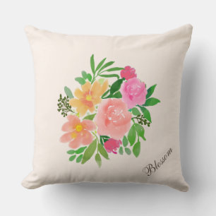 Aquarell-Rosa-Blumenstrauß auf Elfenbein Kissen