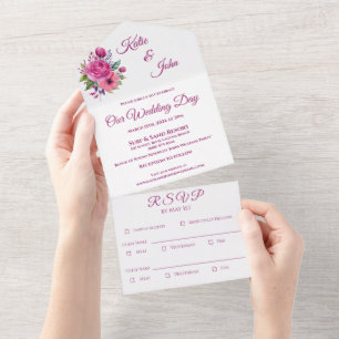 Aquarell-Rosa-Blumenstrauß-Hochzeit- All In One Einladung