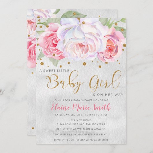 Aquarell Rosa Blush Gold Floral Girl Babydusche Einladung (Vorne/Hinten)
