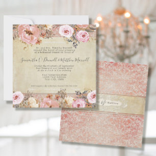 Aquarell-Rosa-Blüten-Vintage-Französische-Spitze Einladung