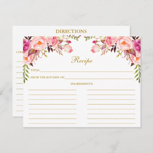 Aquarell Rosa Blütendusche Gold Rezept Karte (Vorne/Hinten)