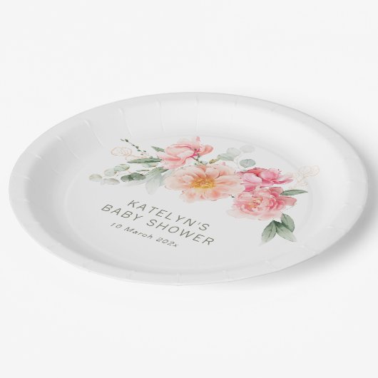 Aquarell Rosa Blütendusche Pappteller (Schrägansicht)