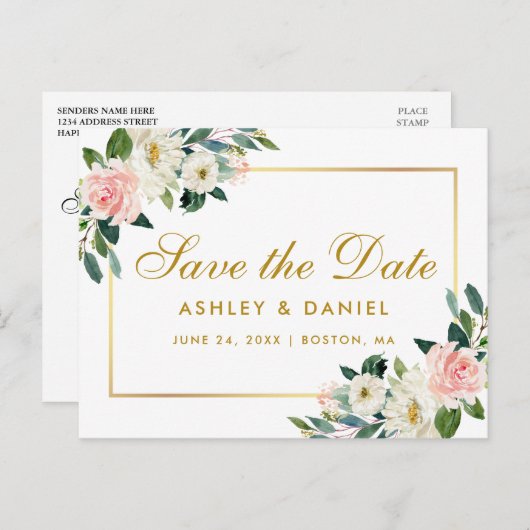 Aquarell Rosa Blütengoldfarben Save the Date Ankündigungspostkarte (Vorne/Hinten)