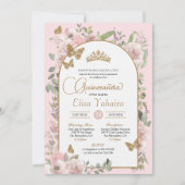 Aquarell Rosa Blütengoldschmetterling Quinceñera Einladung (Vorderseite)