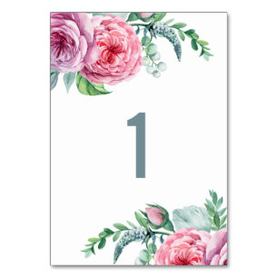 Aquarell rosa Boho-Blumenhochzeit. Gartenblume Tischnummer