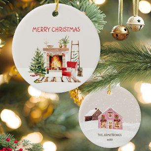 Aquarell-Rosa-Cottage-Kamin-Weihnachten Keramik Ornament