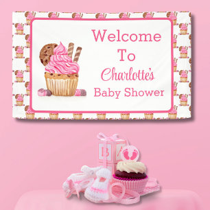 Aquarell-Rosa-Cupcake mit Chocolate Baby Willkomme Banner