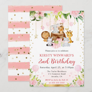 Aquarell Rosa Dschungeltiere Kindergeburtstag Einladung