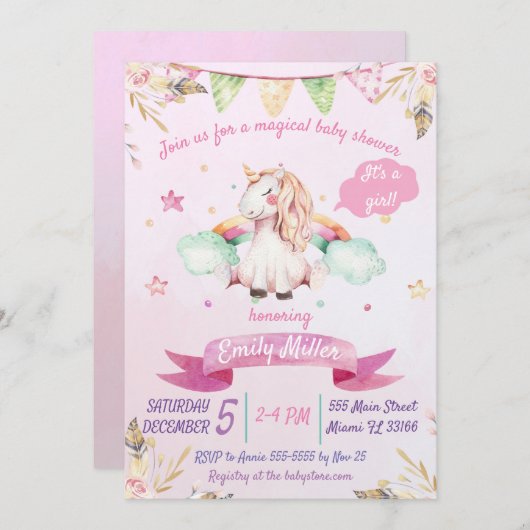 Aquarell Rosa Einhorn Kinderdusche Einladung (Vorne/Hinten)