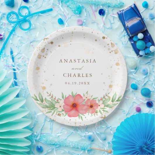 Aquarell Rosa Elfenbeingrün Blumengoldfarben Speck Pappteller (Party)