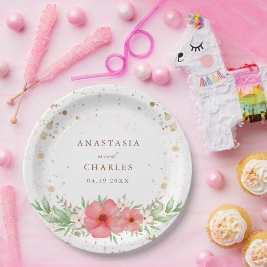 Aquarell Rosa Elfenbeingrün Blumengoldfarben Speck Pappteller (Party)