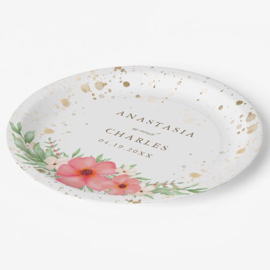 Aquarell Rosa Elfenbeingrün Blumengoldfarben Speck Pappteller (Schrägansicht)