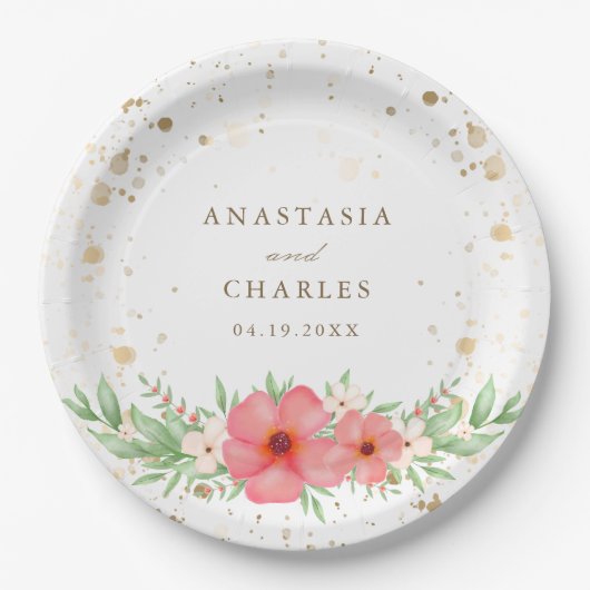 Aquarell Rosa Elfenbeingrün Blumengoldfarben Speck Pappteller (Vorderseite)