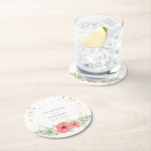 Aquarell Rosa Elfenbeingrün Blumengoldfarben Speck Runder Pappuntersetzer (Vor Ort)