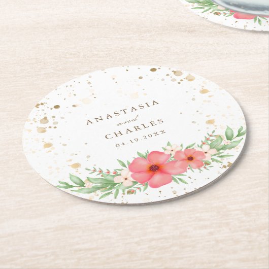 Aquarell Rosa Elfenbeingrün Blumengoldfarben Speck Runder Pappuntersetzer (Angewinkelt)