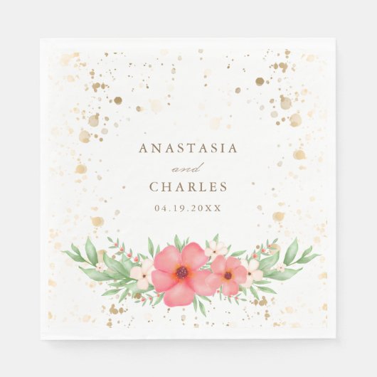 Aquarell Rosa Elfenbeingrün Blumengoldfarben Speck Serviette (Vorderseite)