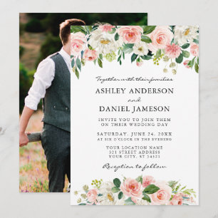 Aquarell-Rosa-Erröten-Weiße-Blumen-Foto-Hochzeit Einladung