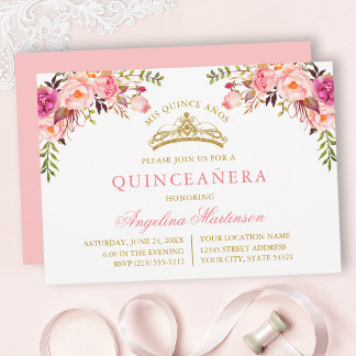 Aquarell Rosa Errötende Florale Goldene Quinceaner Einladung
