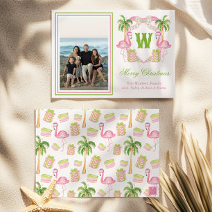 Aquarell Rosa Flamingo Monogrammwappen Foto Feiertagskarte
