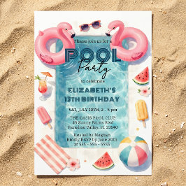 Aquarell Rosa Flamingo Teenager Sommer Poolparty Einladung