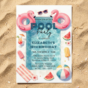 Aquarell Rosa Flamingo Teenager Sommer Poolparty Einladung