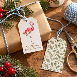 Aquarell-Rosa-Flamingo-Weihnachten individuell Geschenkanhänger