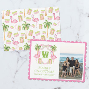 Aquarell-Rosa-Flamingo-Weihnachts-Monogrammwappen Feiertagskarte