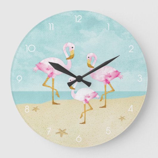 Aquarell-rosa Flamingos auf dem Strand Große Wanduhr (Vorderseite)