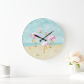 Aquarell-rosa Flamingos auf dem Strand Große Wanduhr (Zuhause)