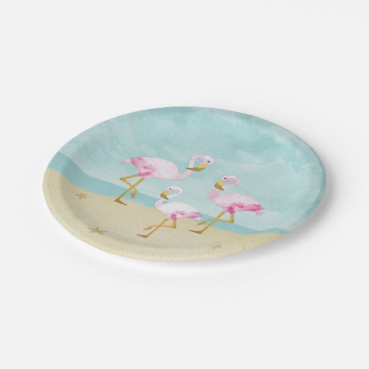 Aquarell-rosa Flamingos auf dem Strand Pappteller (Schrägansicht)