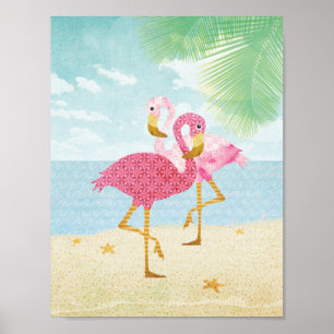 Aquarell-rosa Flamingos auf dem Strand Poster