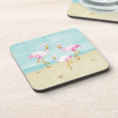 Aquarell-rosa Flamingos auf dem Strand Untersetzer (Linke Seite)