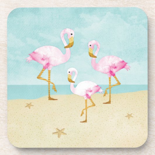 Aquarell-rosa Flamingos auf dem Strand Untersetzer (Vorderseite)